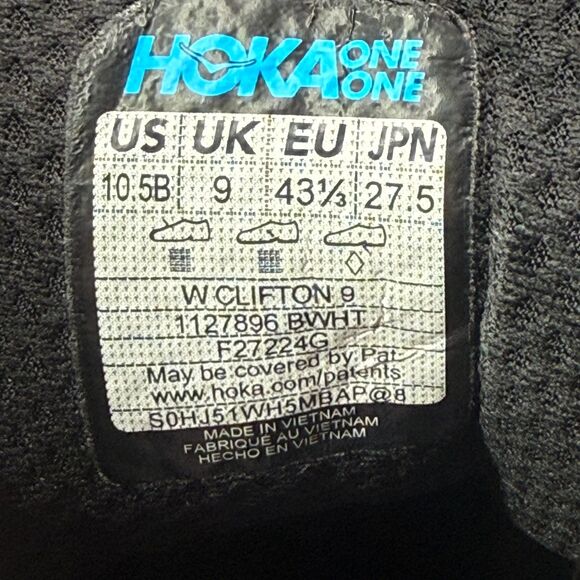 Hoka One One Clifton 9 Women's Size 10.5 B Black White Running Shoes Sneakers - Picture 8 of 8